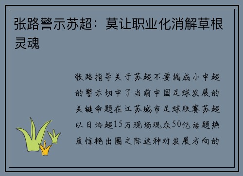 张路警示苏超：莫让职业化消解草根灵魂